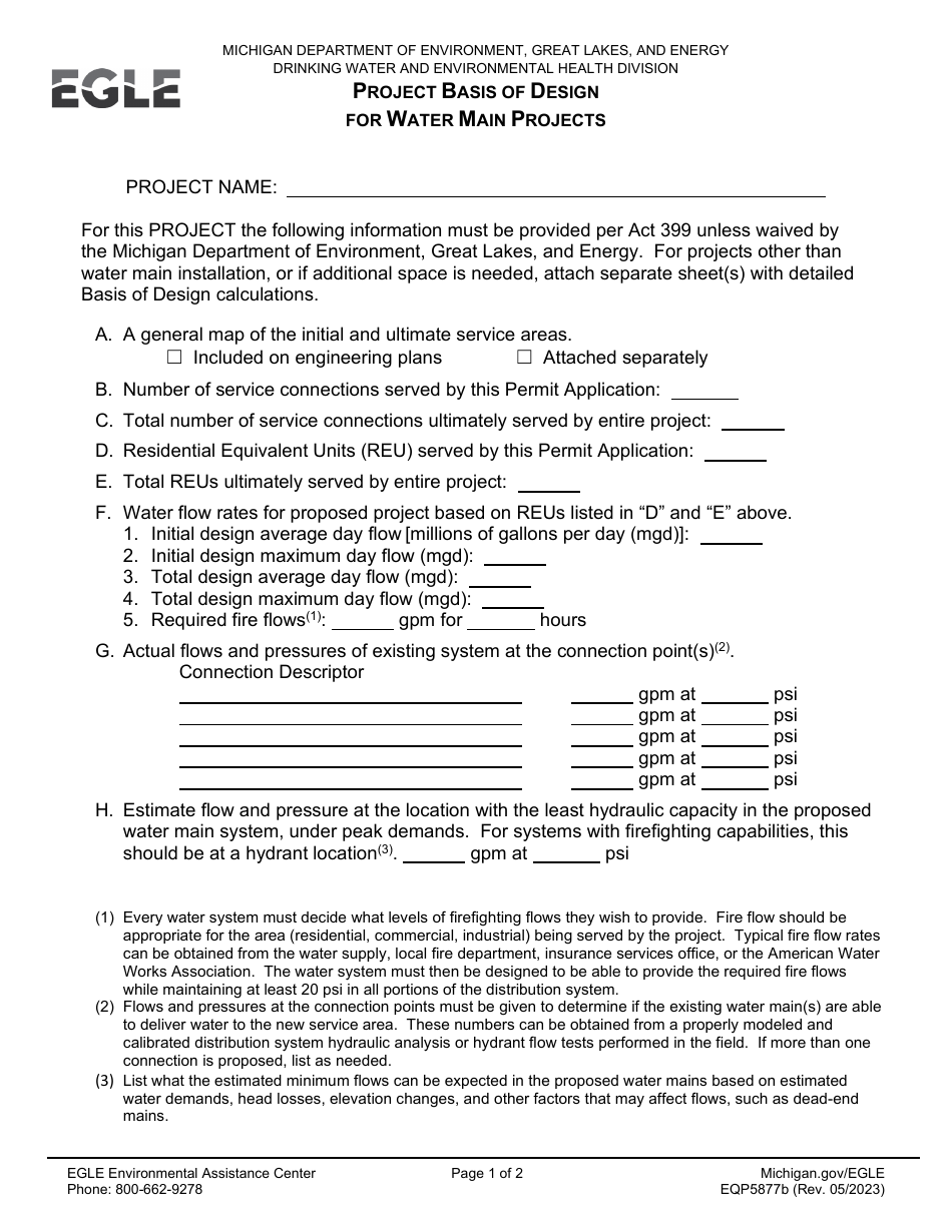 Form EQP5877B Project Basis of Design for Water Main Projects - Michigan, Page 1