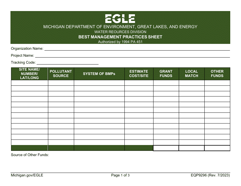 Form EQP9296 Best Management Practices Sheet - Michigan