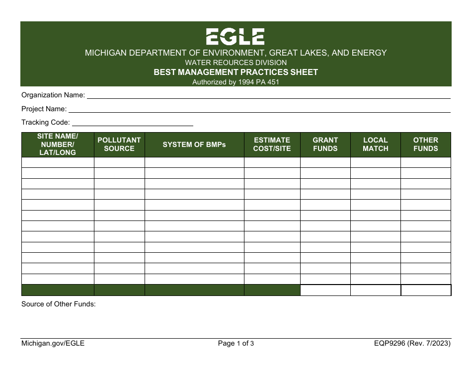 Form EQP9296 Best Management Practices Sheet - Michigan, Page 1
