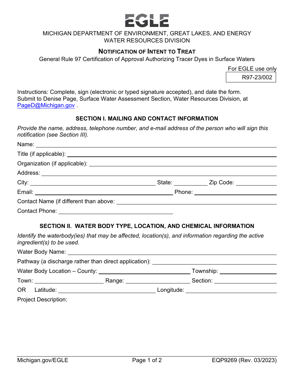 Form EQP9269 Notification of Intent to Treat - General Rule 97 Certification of Approval Authorizing Tracer Dyes in Surface Waters - Michigan, Page 1