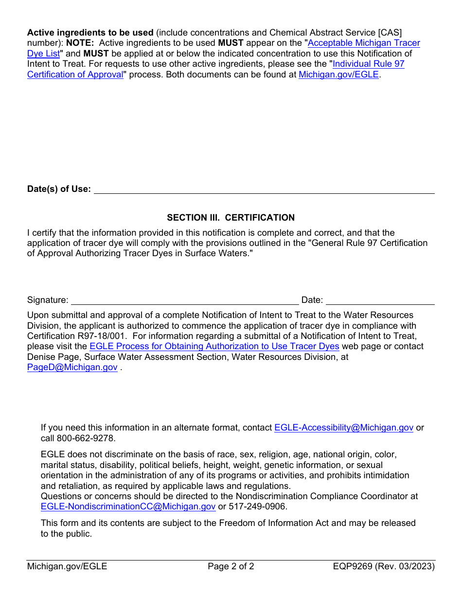 Form EQP9269 Notification of Intent to Treat - General Rule 97 Certification of Approval Authorizing Tracer Dyes in Surface Waters - Michigan, Page 2