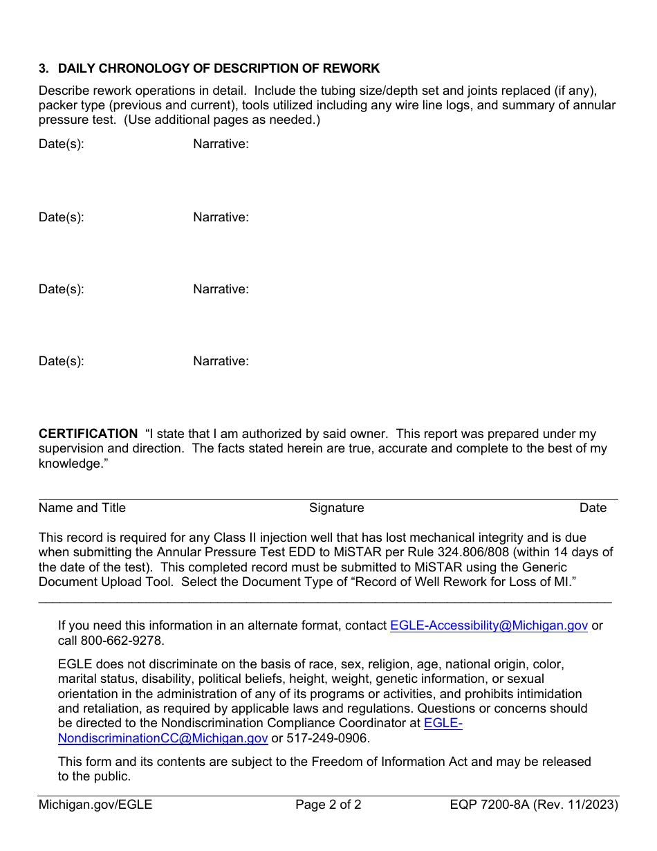 Form EQP7200-8A Record of Well Rework for Loss of Mechanical Integrity for Class II Injection Wells - Michigan, Page 2