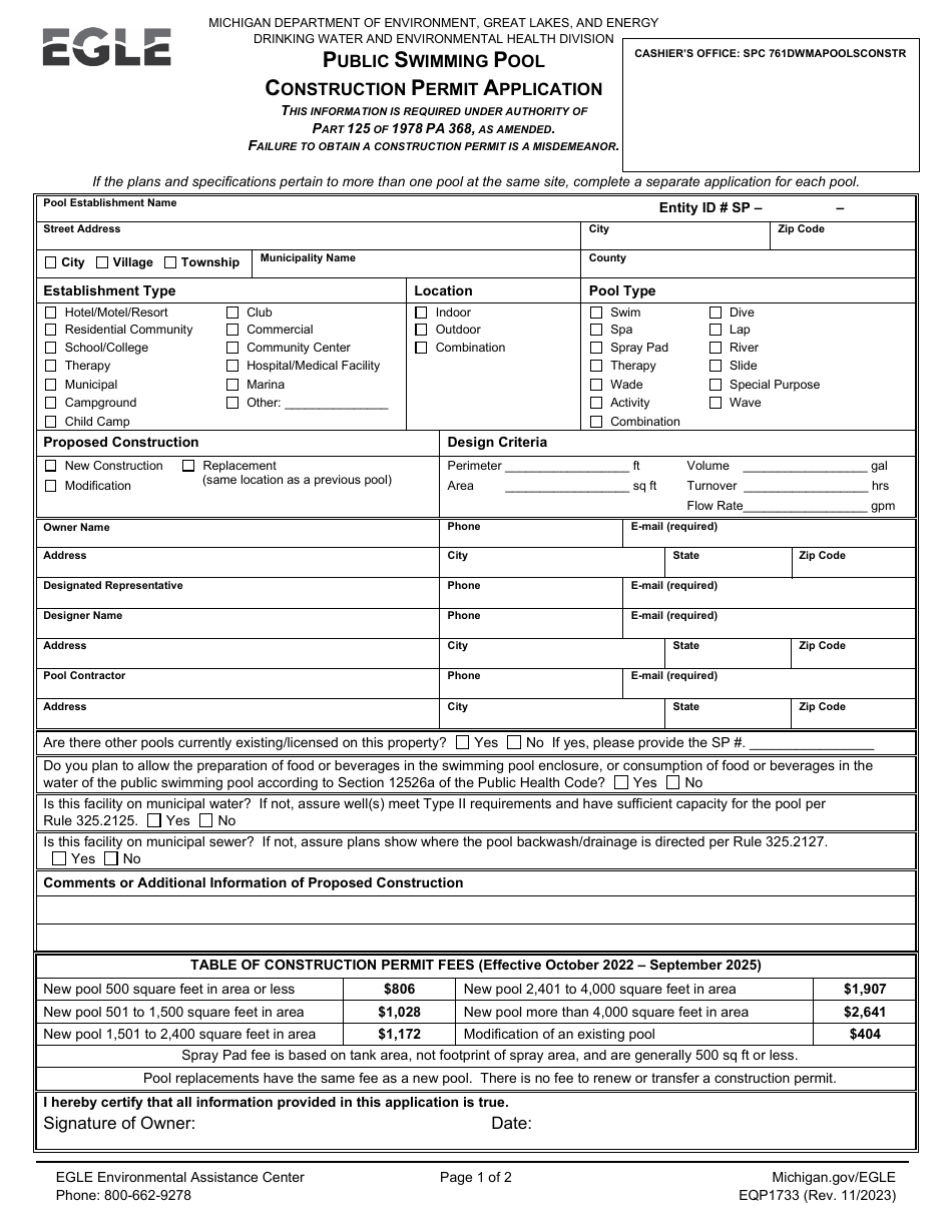 Form EQP1733 Public Swimming Pool Construction Permit Application - Michigan, Page 1