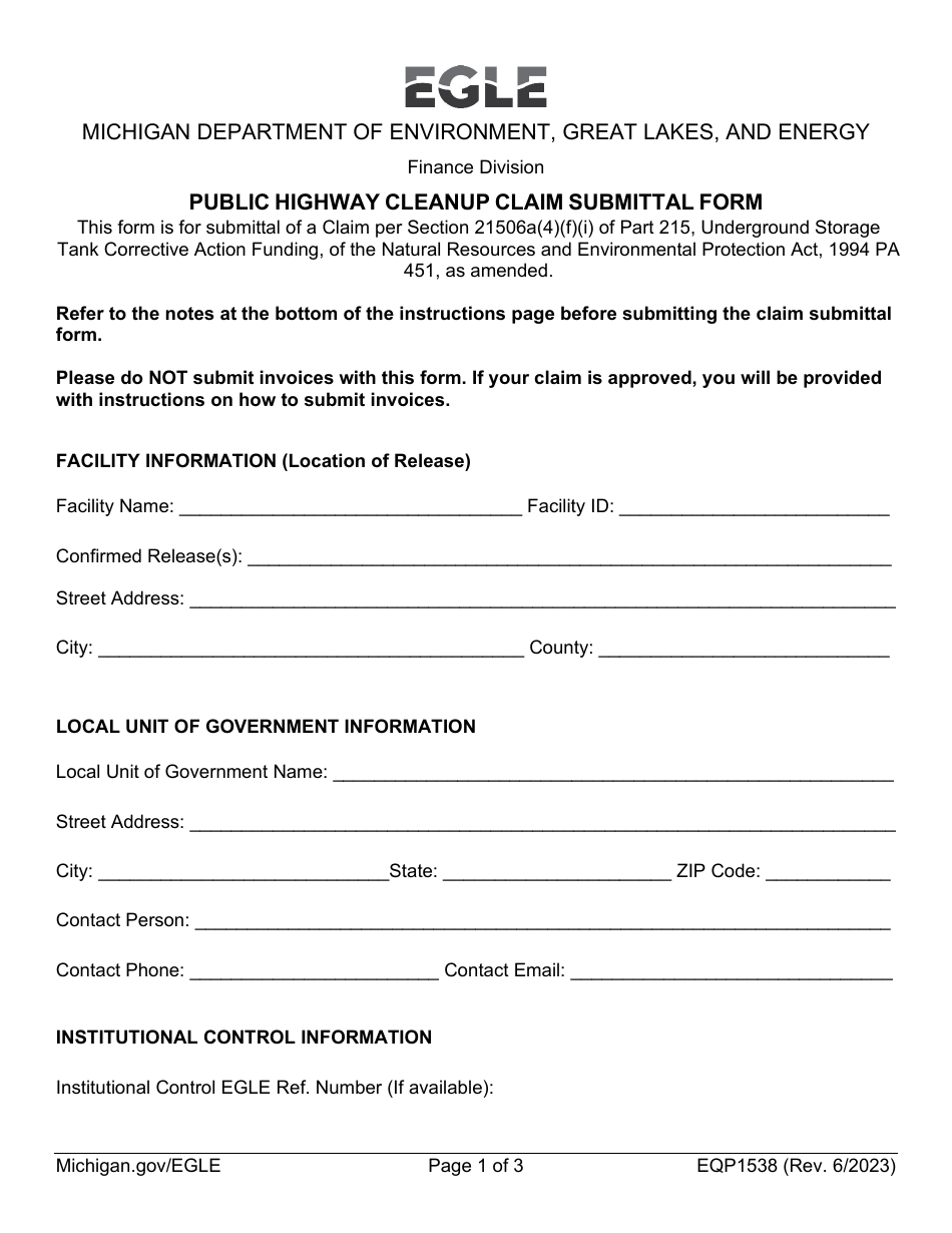 Form EQP1538 Public Highway Cleanup Claim Submittal Form - Michigan, Page 1