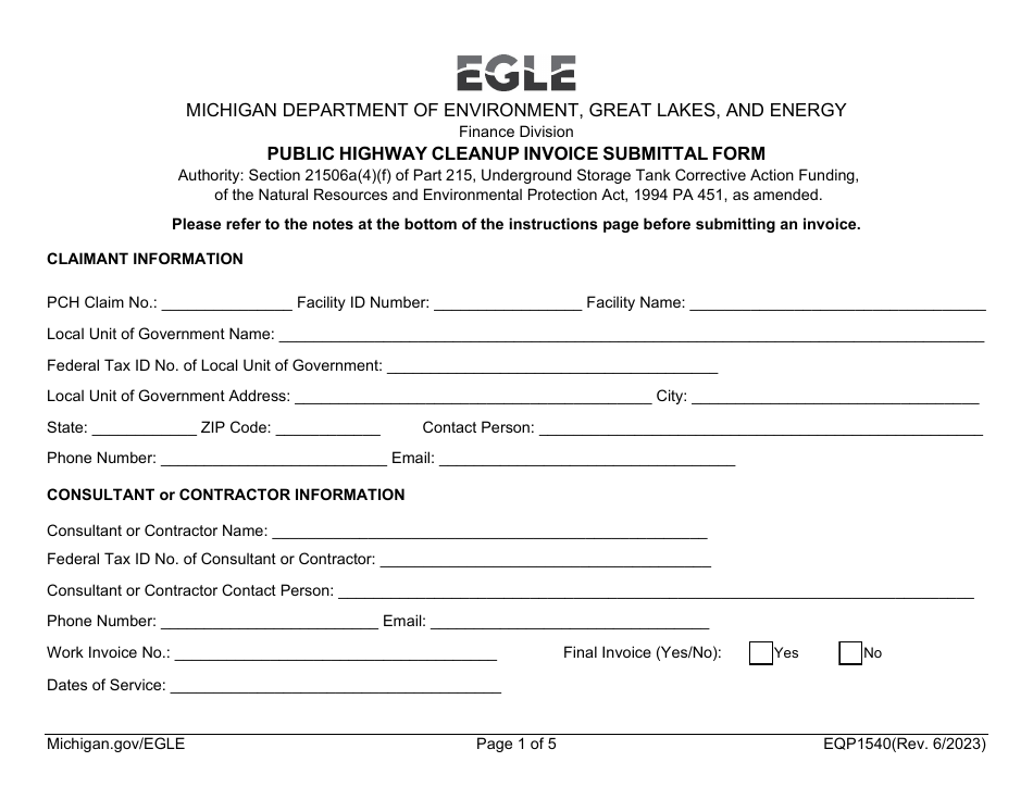 Form EQP1540 Public Highway Cleanup Invoice Submittal Form - Michigan, Page 1