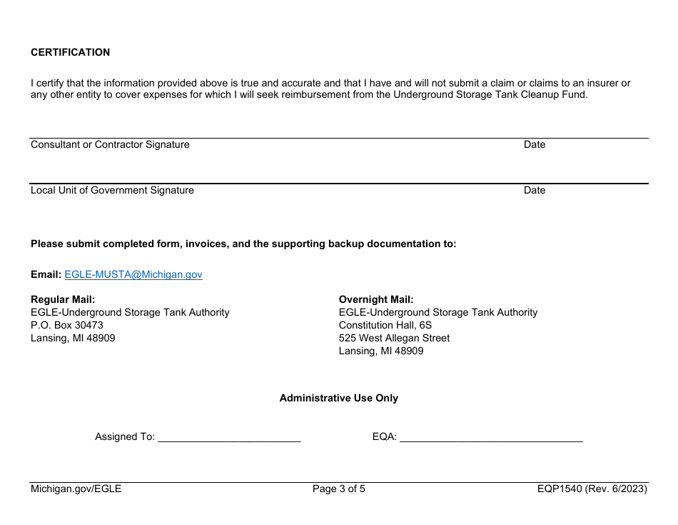 Form EQP1540 Public Highway Cleanup Invoice Submittal Form - Michigan, Page 3