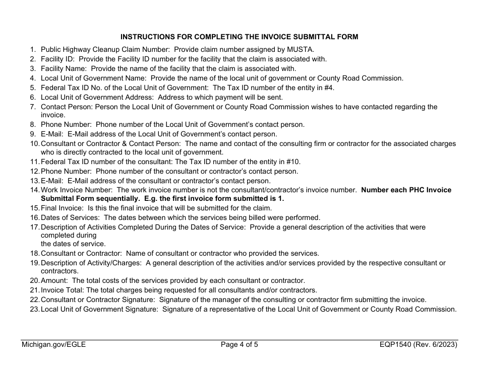 Form EQP1540 Public Highway Cleanup Invoice Submittal Form - Michigan, Page 4