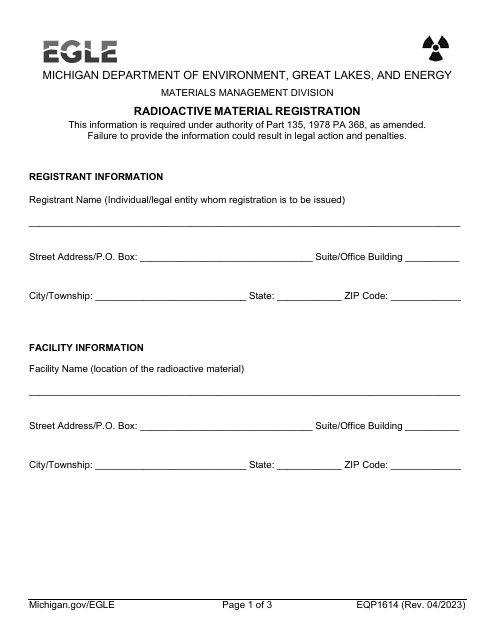 Form EQP1614 Radioactive Material Registration - Michigan