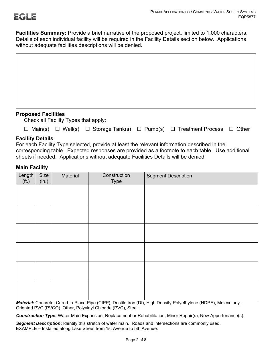 Form EQP5877 Permit Application for Community Water Supply Systems (Construction - Alteration - Addition or Improvement) - Michigan, Page 2