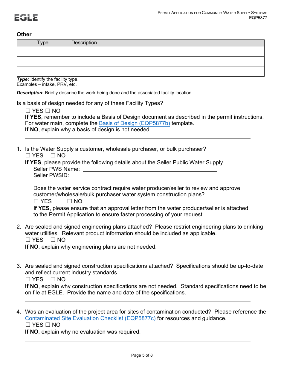 Form EQP5877 Permit Application for Community Water Supply Systems (Construction - Alteration - Addition or Improvement) - Michigan, Page 5