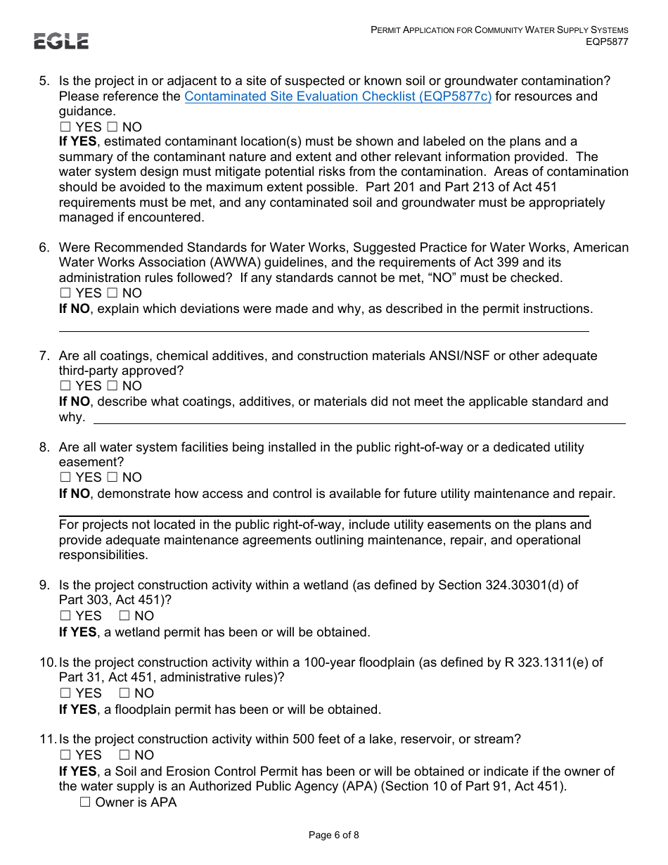 Form EQP5877 Permit Application for Community Water Supply Systems (Construction - Alteration - Addition or Improvement) - Michigan, Page 6