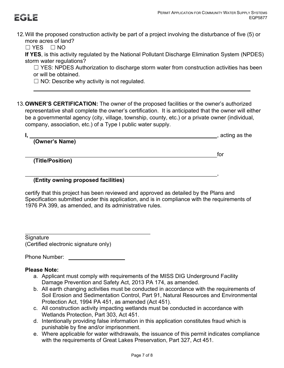 Form EQP5877 Permit Application for Community Water Supply Systems (Construction - Alteration - Addition or Improvement) - Michigan, Page 7