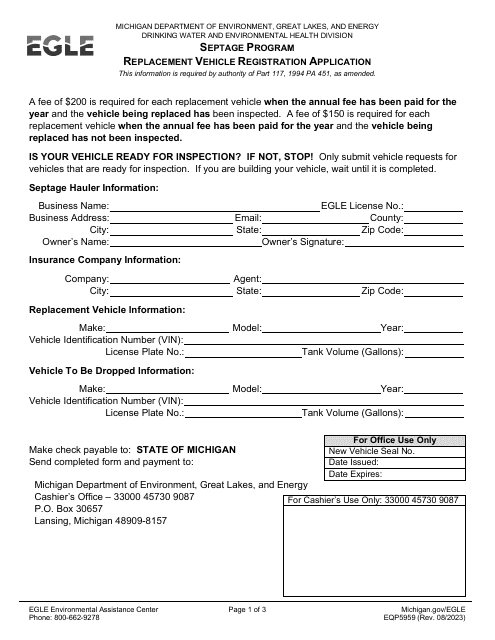 Form EQP5659 Replacement Vehicle Registration Application - Septage Program - Michigan