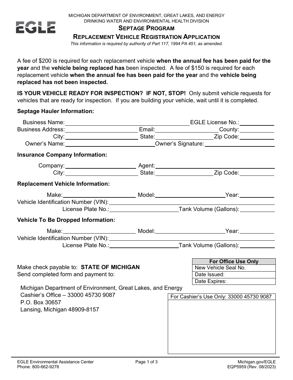 Form EQP5659 Replacement Vehicle Registration Application - Septage Program - Michigan, Page 1