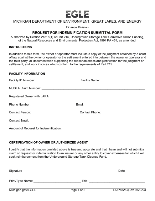 Form EQP1526 Request for Indemnification Submittal Form - Michigan