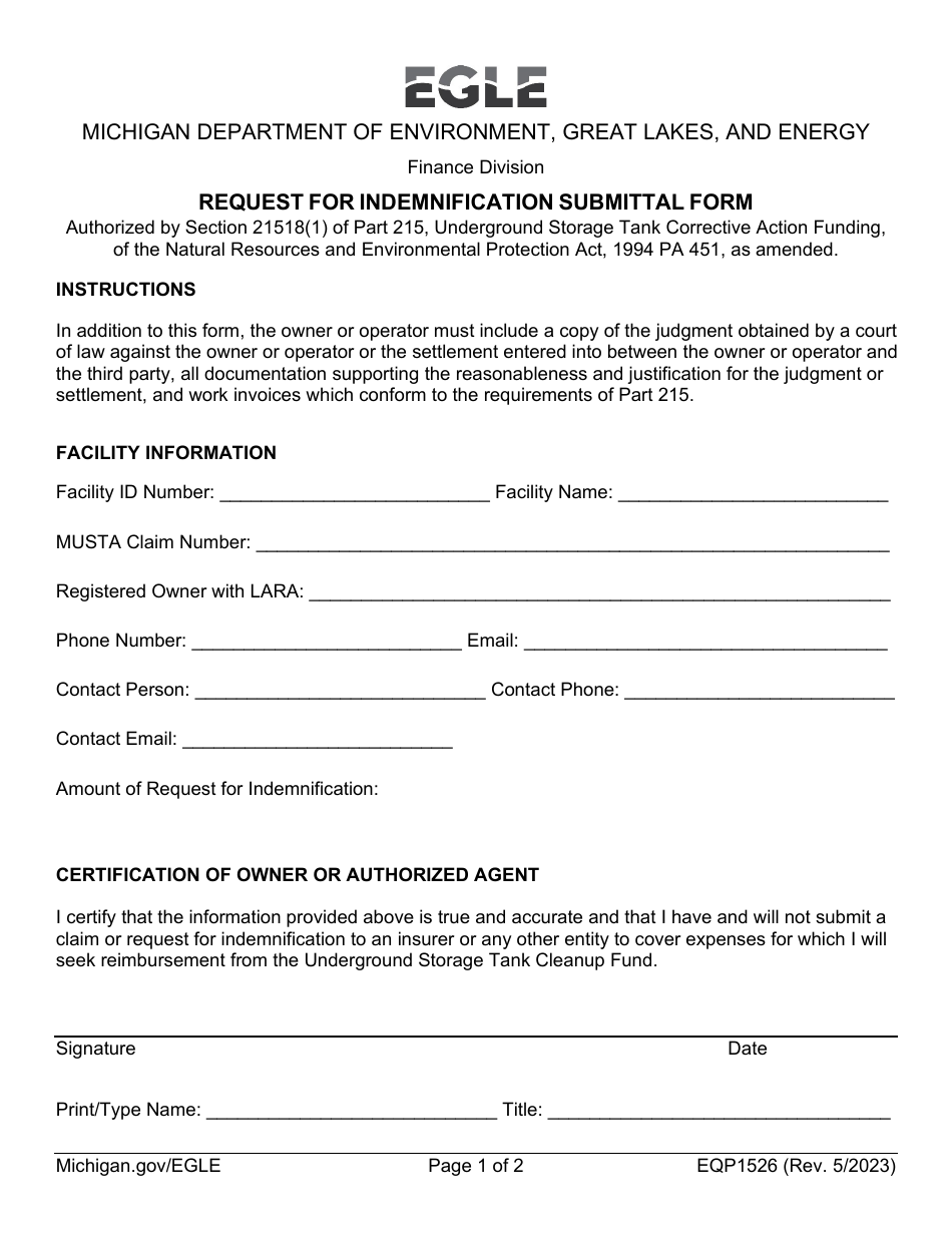 Form EQP1526 Request for Indemnification Submittal Form - Michigan, Page 1