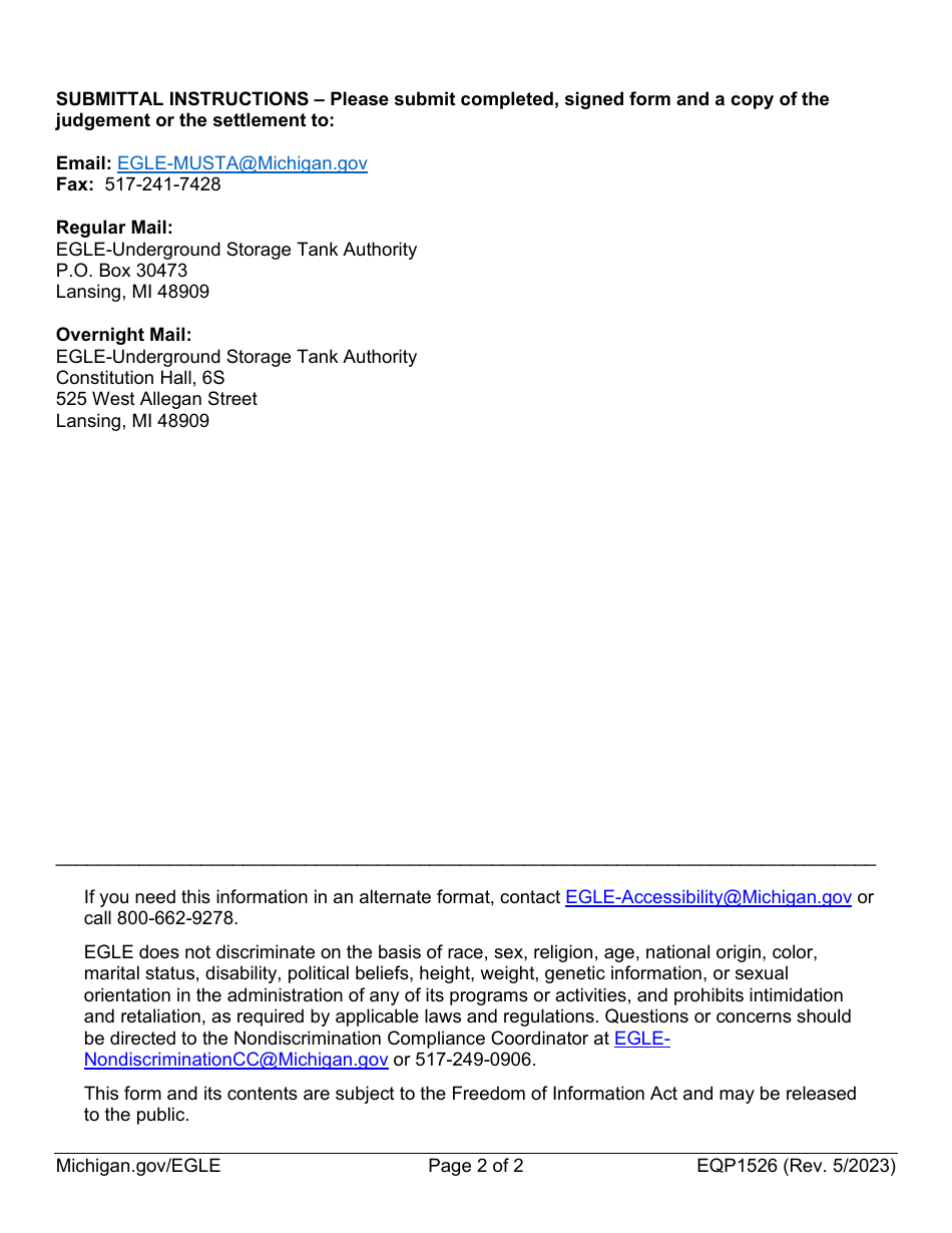 Form EQP1526 Request for Indemnification Submittal Form - Michigan, Page 2