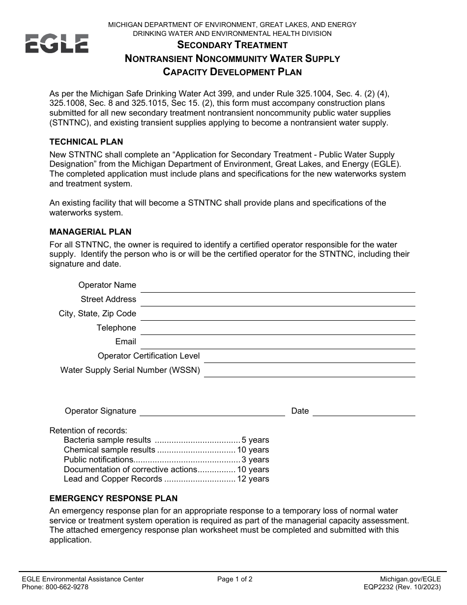 Form EQP2232 Secondary Treatment Nontransient Noncommunity Water Supply Capacity Development Plan - Michigan, Page 1