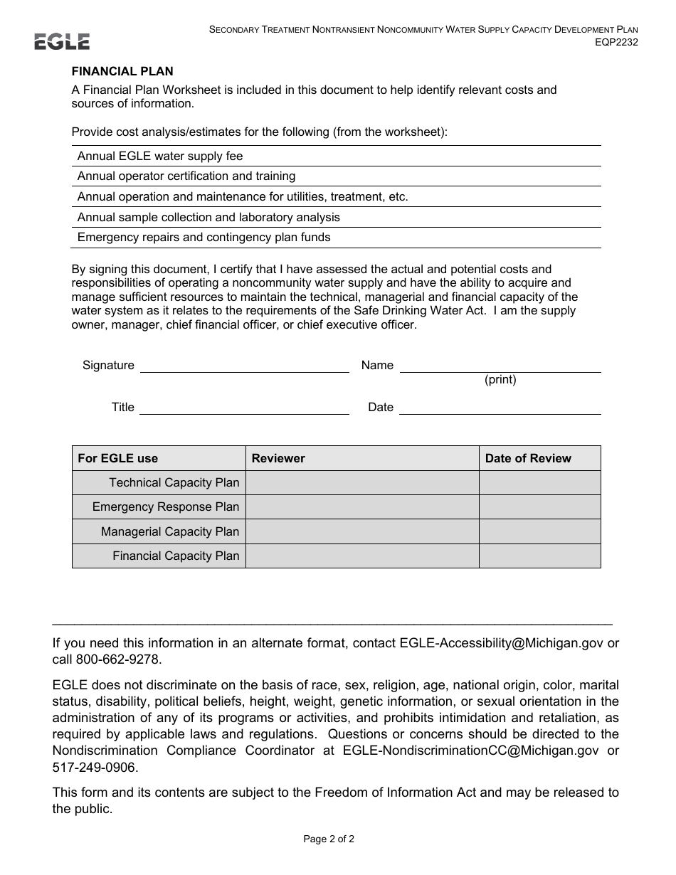 Form EQP2232 Secondary Treatment Nontransient Noncommunity Water Supply Capacity Development Plan - Michigan, Page 2