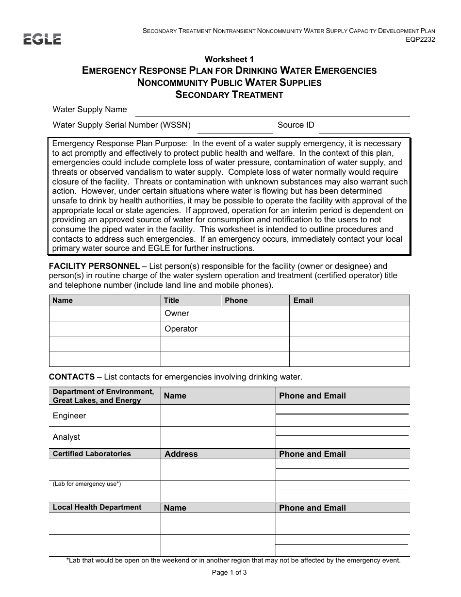 Form EQP2232 Secondary Treatment Nontransient Noncommunity Water Supply Capacity Development Plan - Michigan, Page 3