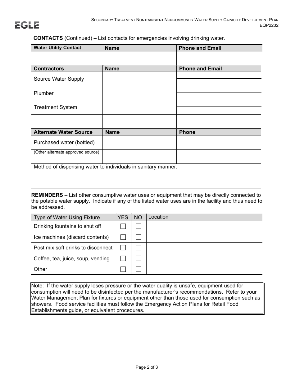 Form EQP2232 Secondary Treatment Nontransient Noncommunity Water Supply Capacity Development Plan - Michigan, Page 4