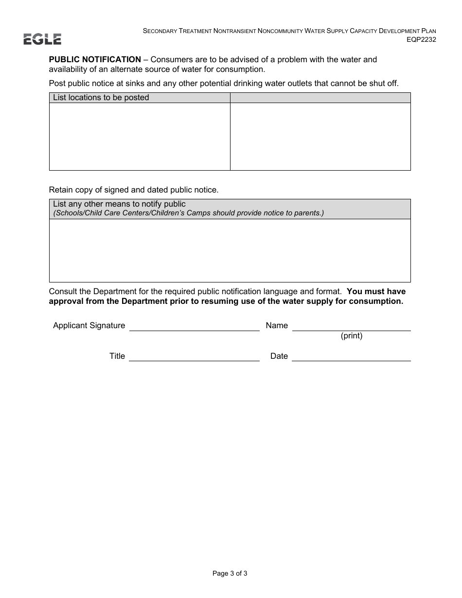 Form EQP2232 Secondary Treatment Nontransient Noncommunity Water Supply Capacity Development Plan - Michigan, Page 5