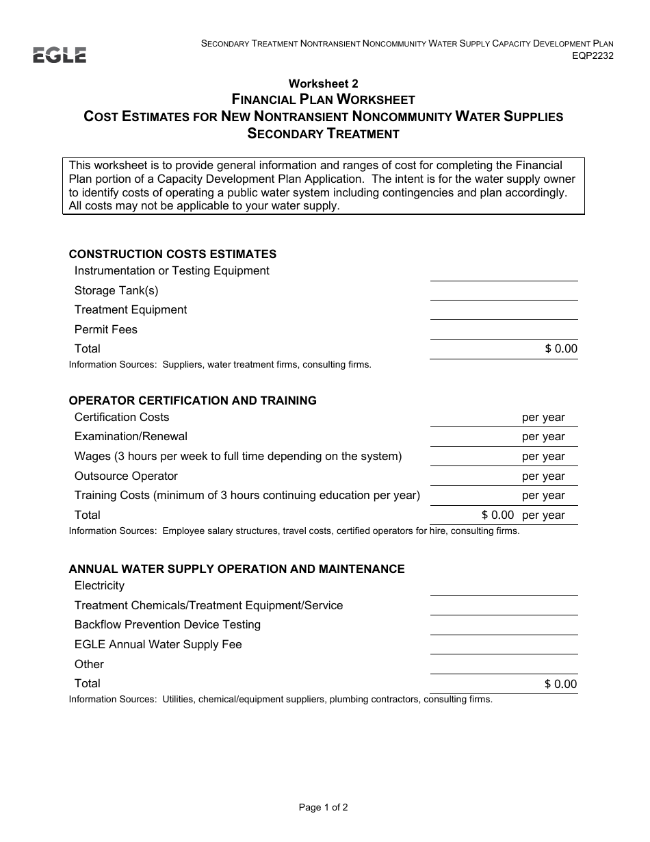 Form EQP2232 Secondary Treatment Nontransient Noncommunity Water Supply Capacity Development Plan - Michigan, Page 6