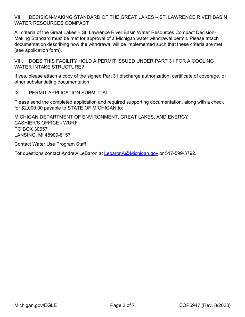 Form EQP5947 Water Withdrawal Permit Application - Michigan, Page 3