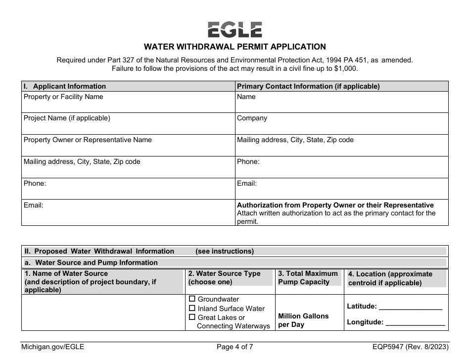 Form EQP5947 Water Withdrawal Permit Application - Michigan, Page 4