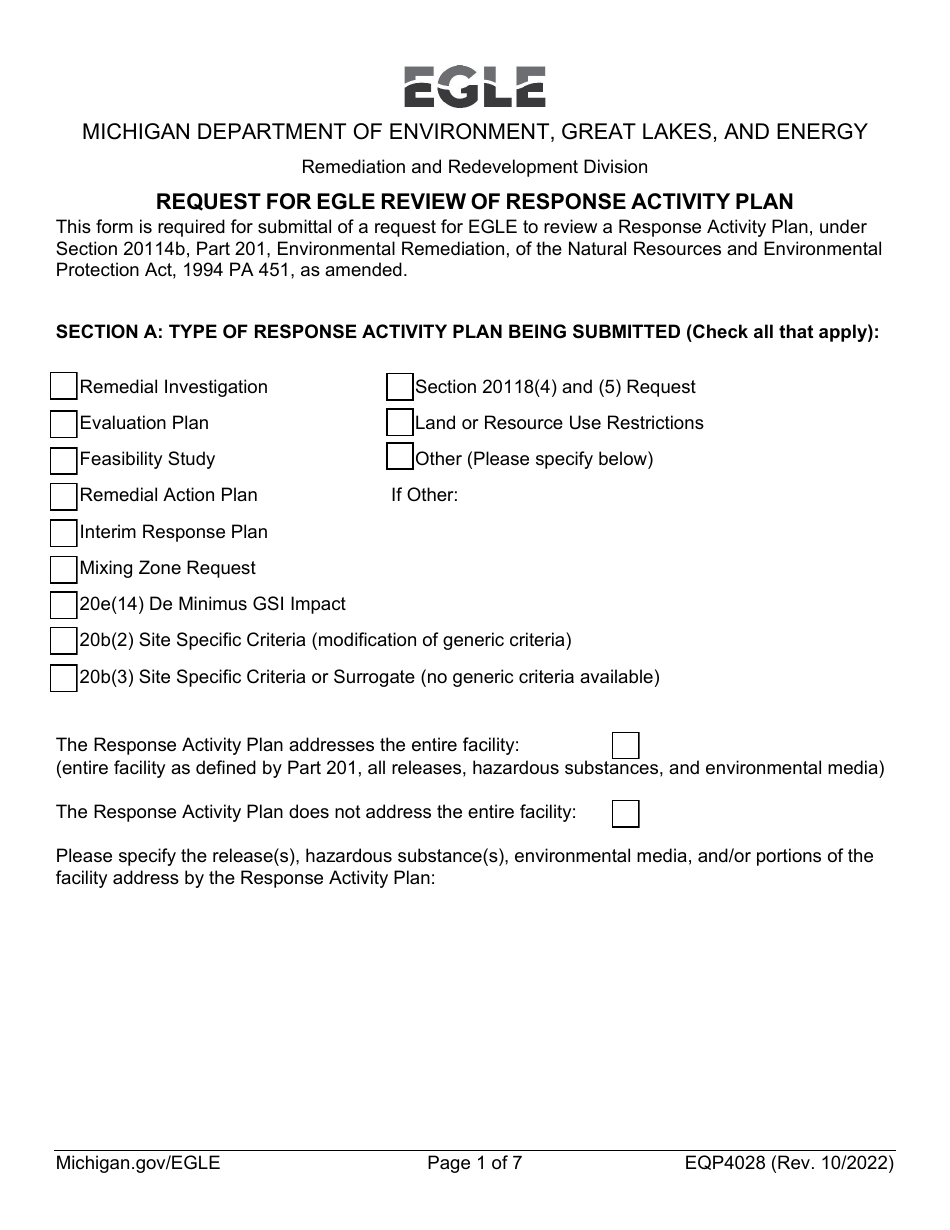 Form EQP4028 Request for Egle Review of Response Activity Plan - Michigan, Page 1