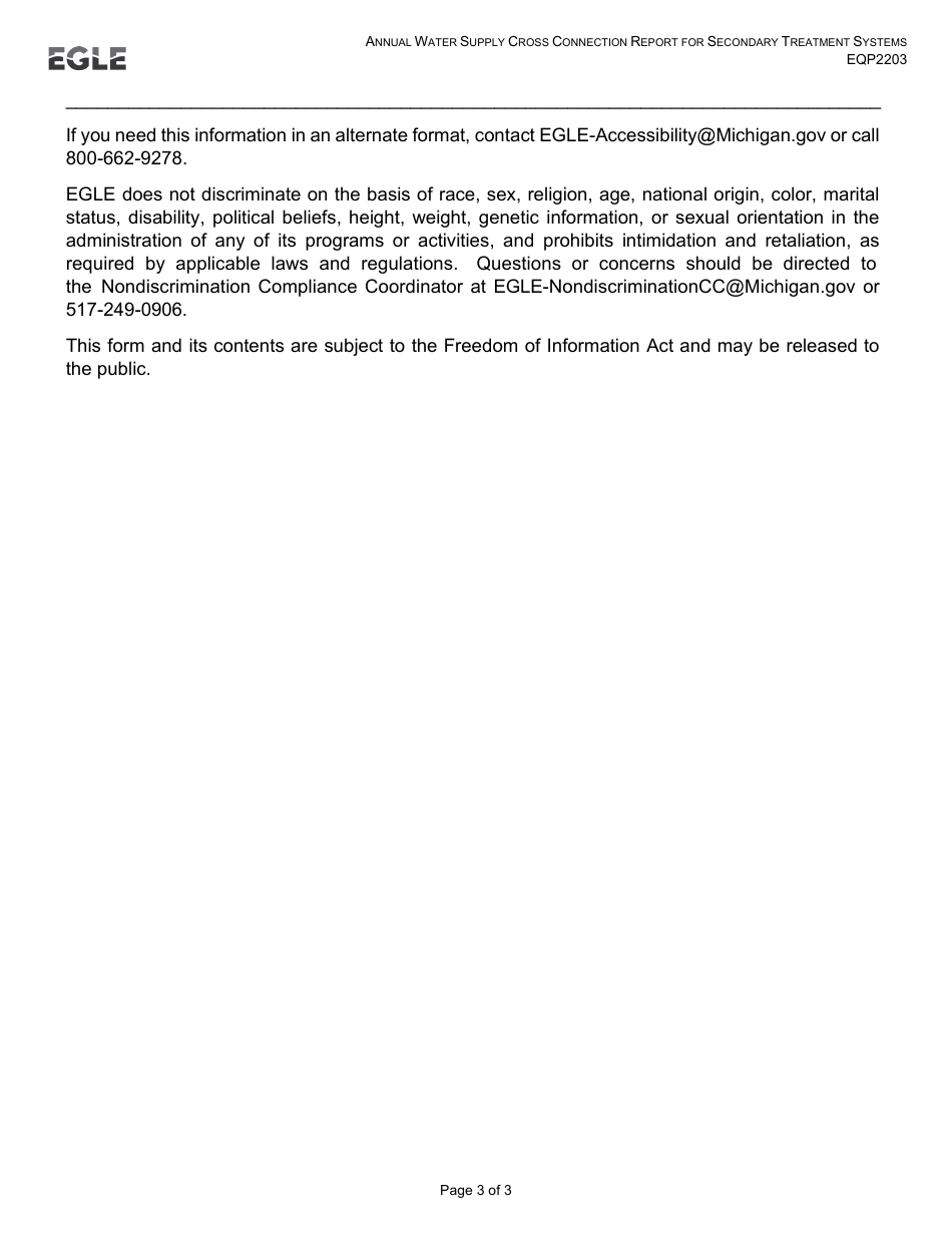 Form EQP2203 Annual Water Supply Cross Connection Report for Secondary Treatment Systems - Michigan, Page 3