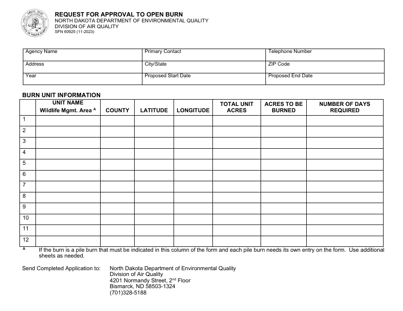 Form SFN60925 Request for Approval to Open Burn - North Dakota