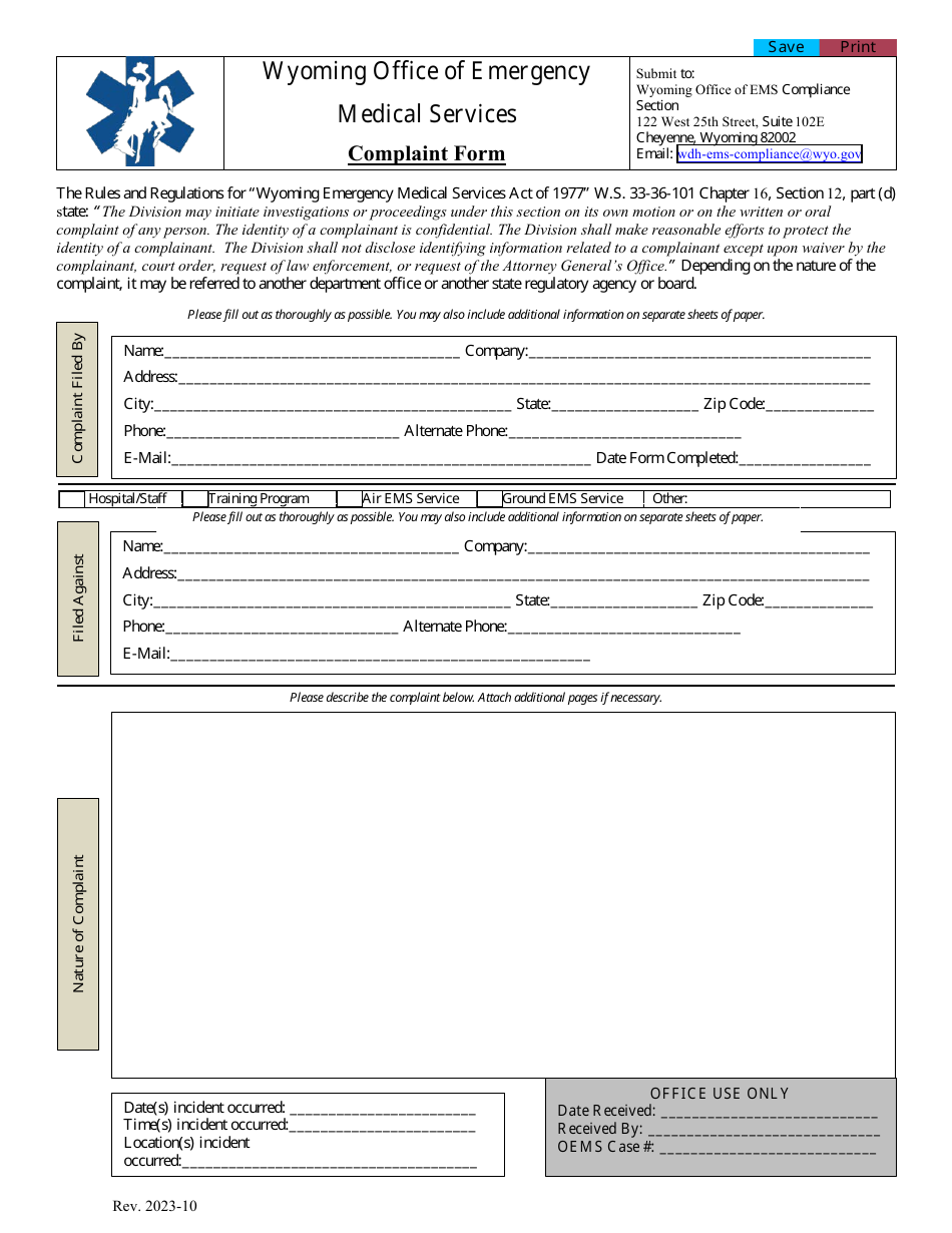 Complaint Form - Wyoming, Page 1