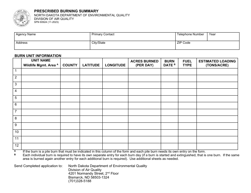 Form SFN60924 Prescribed Burning Summary - North Dakota