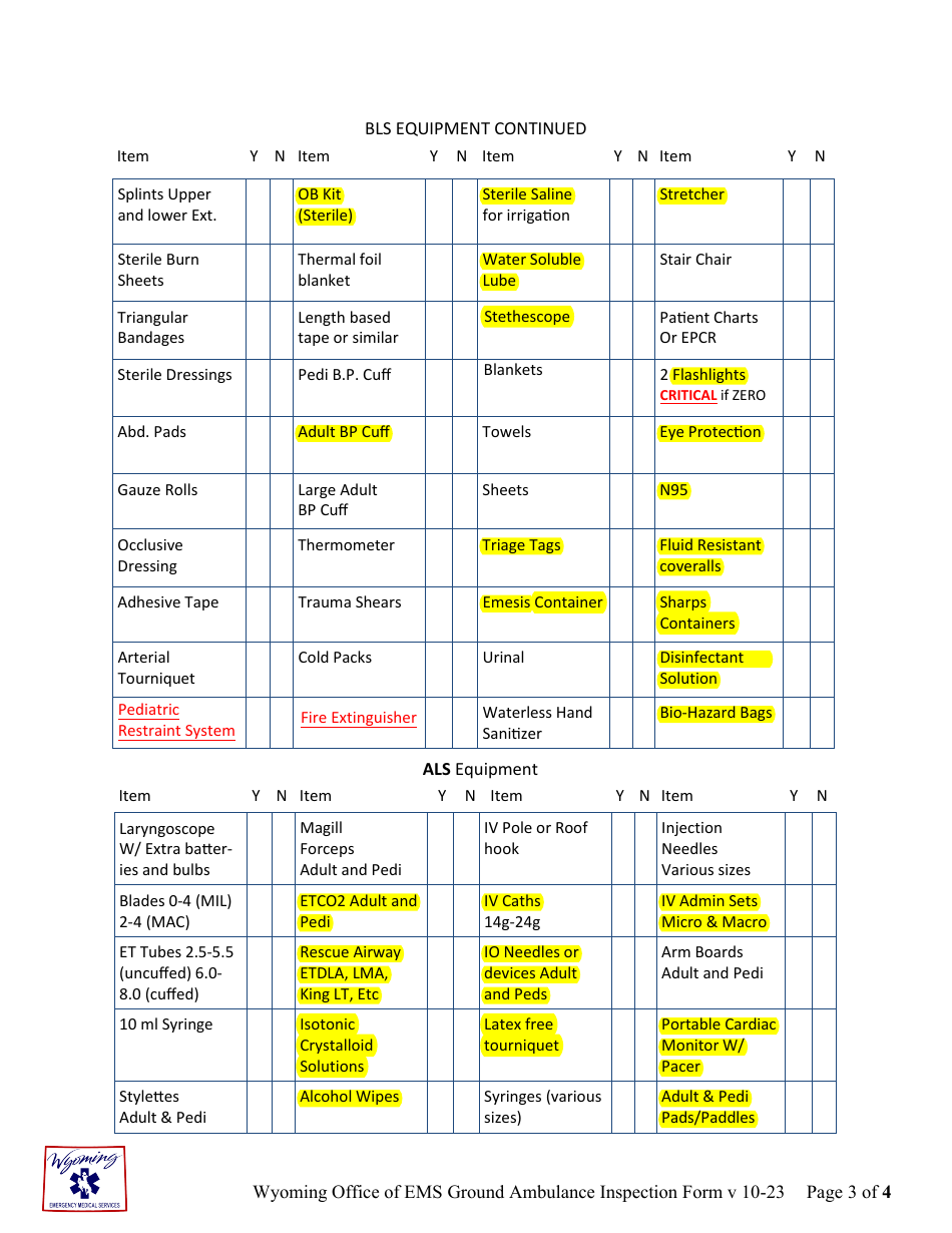 Ground Ambulance Inspection Form - Wyoming, Page 3