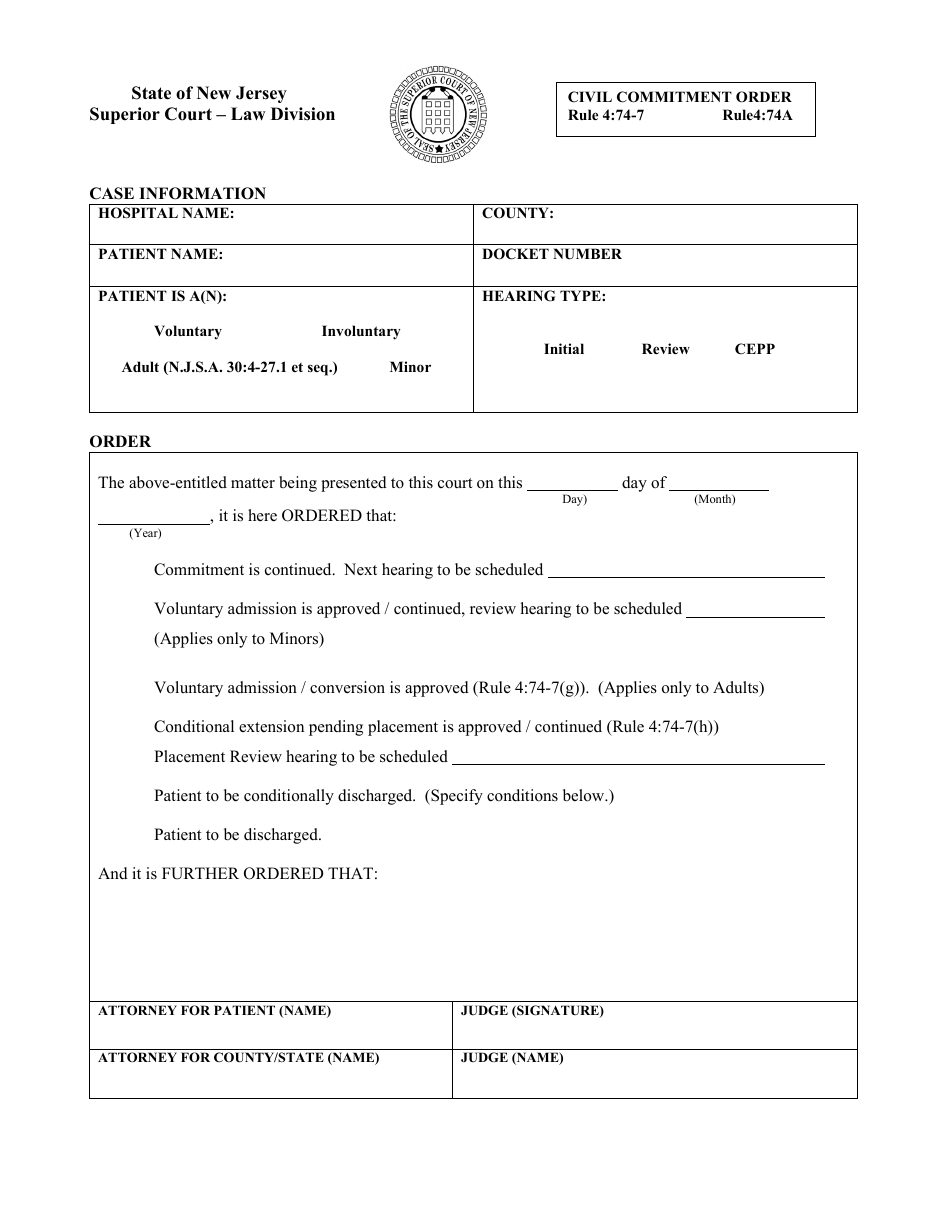 Civil Commitment Order - New Jersey, Page 1