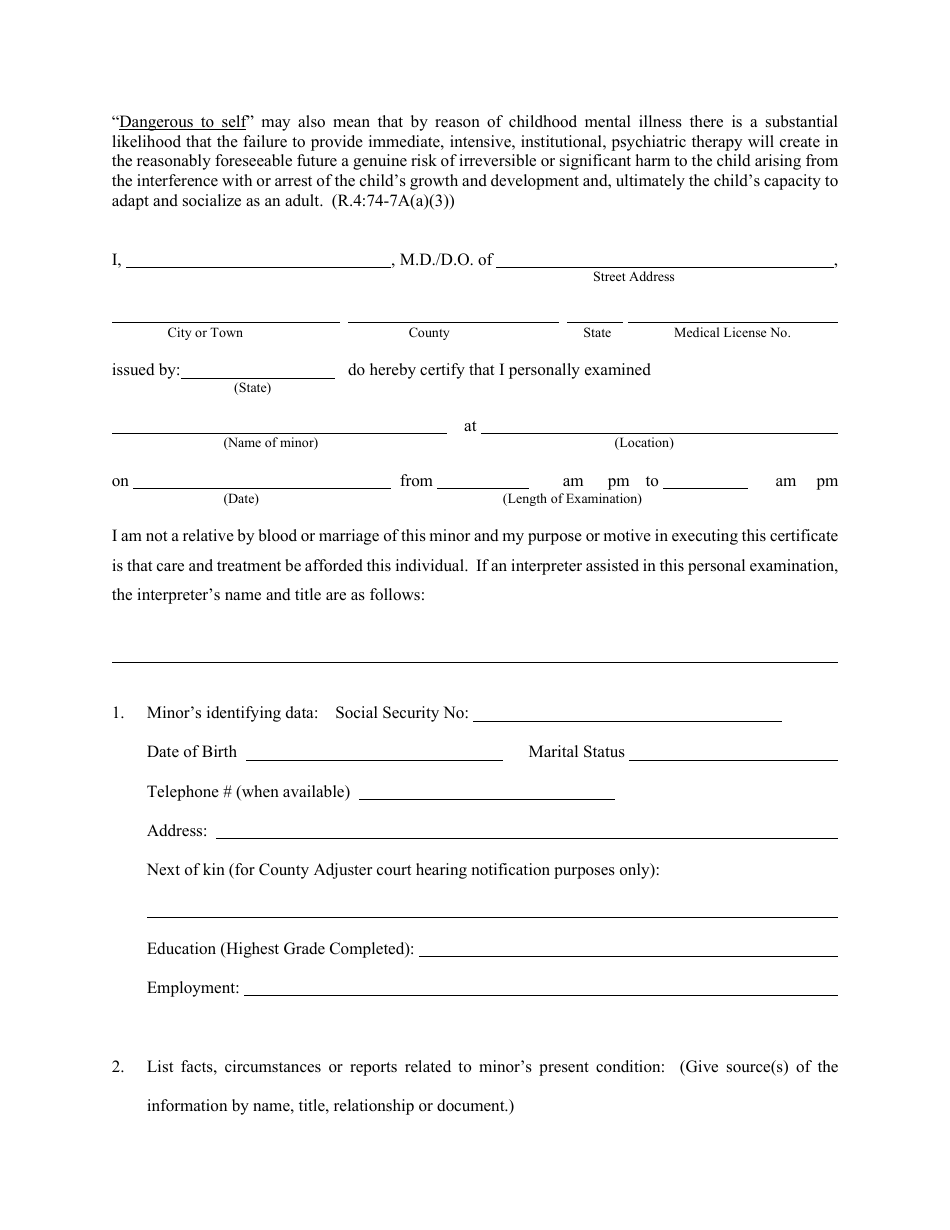 New Jersey Clinical Certificate for Involuntary Commitment of Minors ...