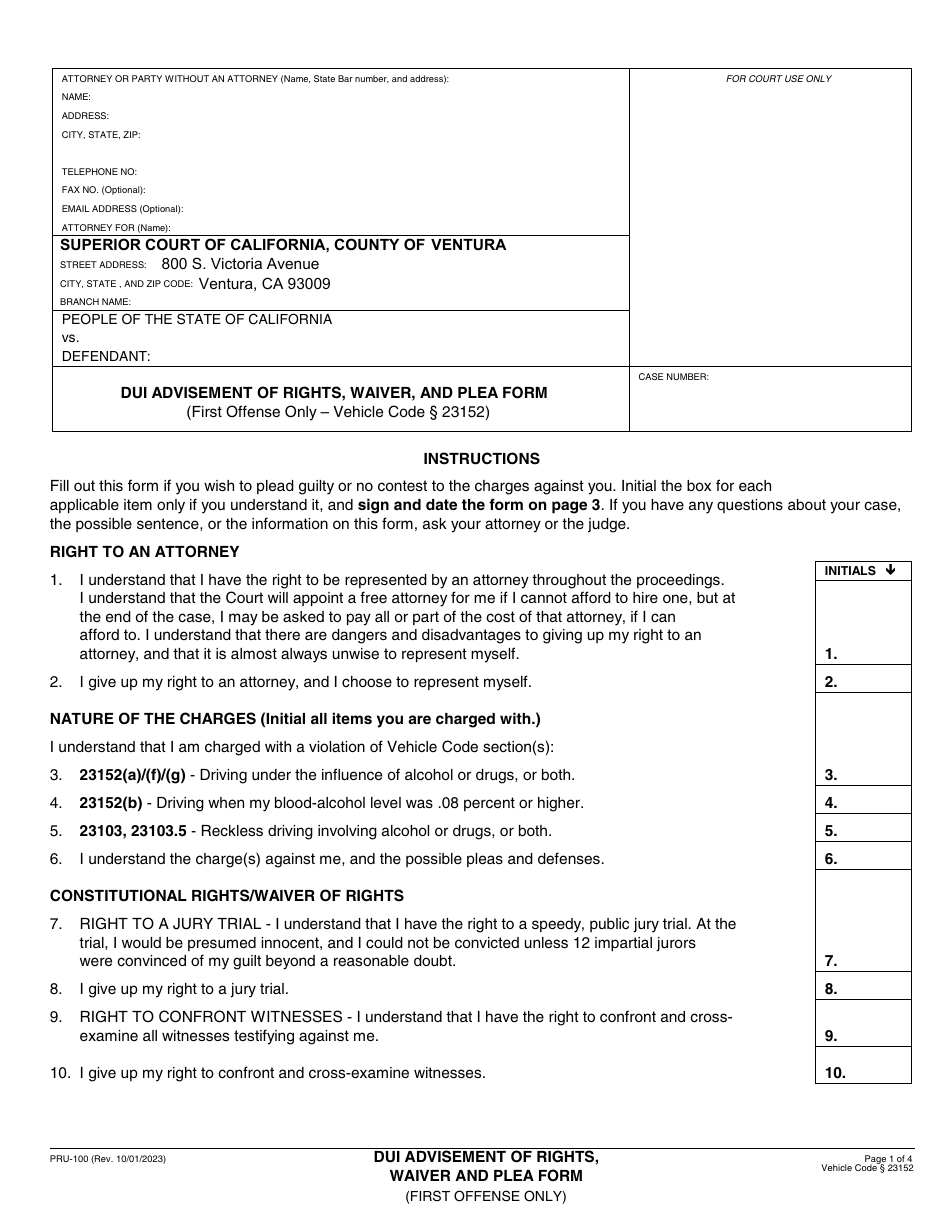Form PRU-100 Dui Advisement of Rights, Waiver, and Plea Form - County of Ventura, California, Page 1