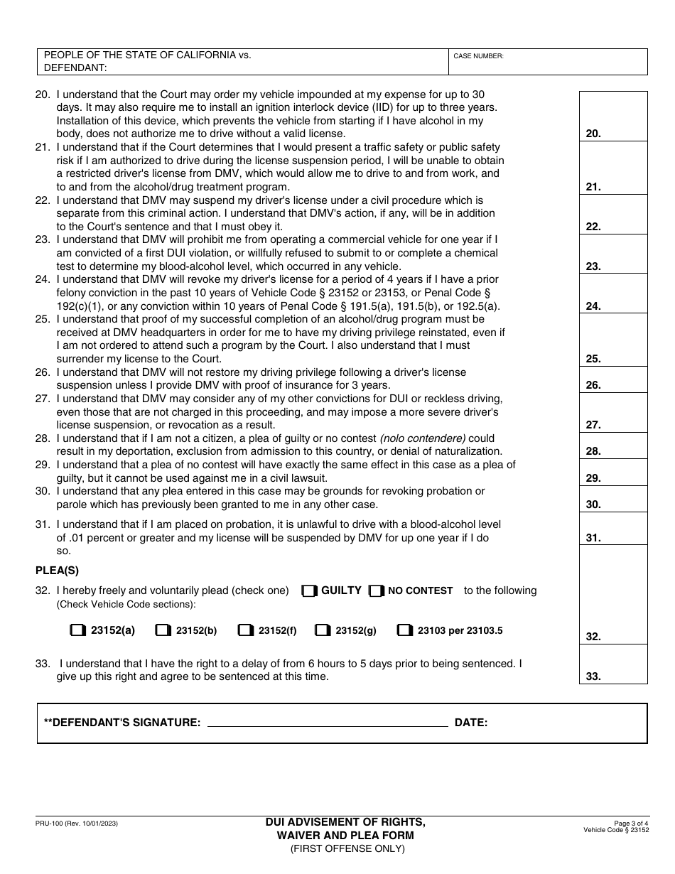 Form PRU-100 Dui Advisement of Rights, Waiver, and Plea Form - County of Ventura, California, Page 3