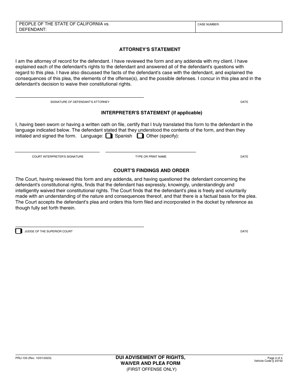 Form PRU-100 Dui Advisement of Rights, Waiver, and Plea Form - County of Ventura, California, Page 4