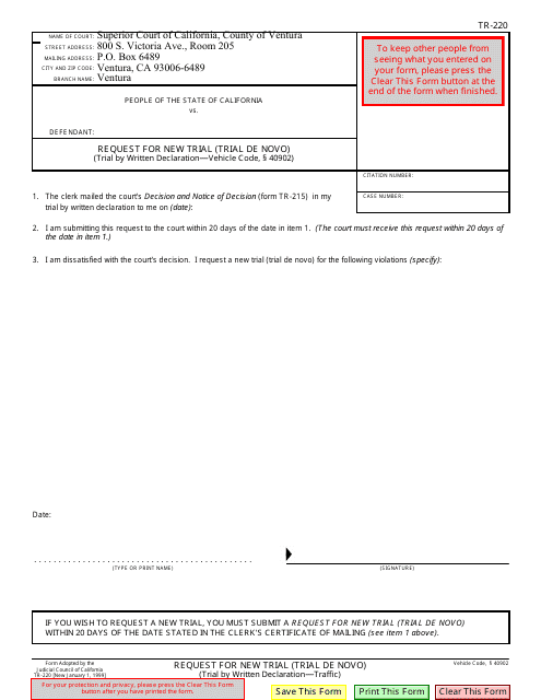 Form TR-220 Request for New Trial (Trial De Novo) - County of Ventura, California