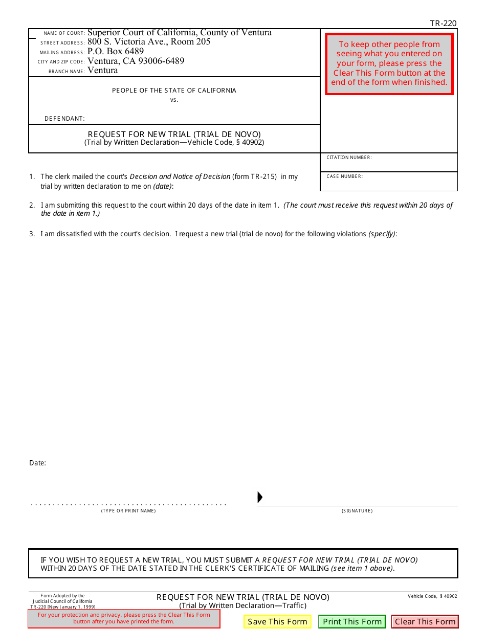 Form TR-220 Request for New Trial (Trial De Novo) - County of Ventura, California, Page 1