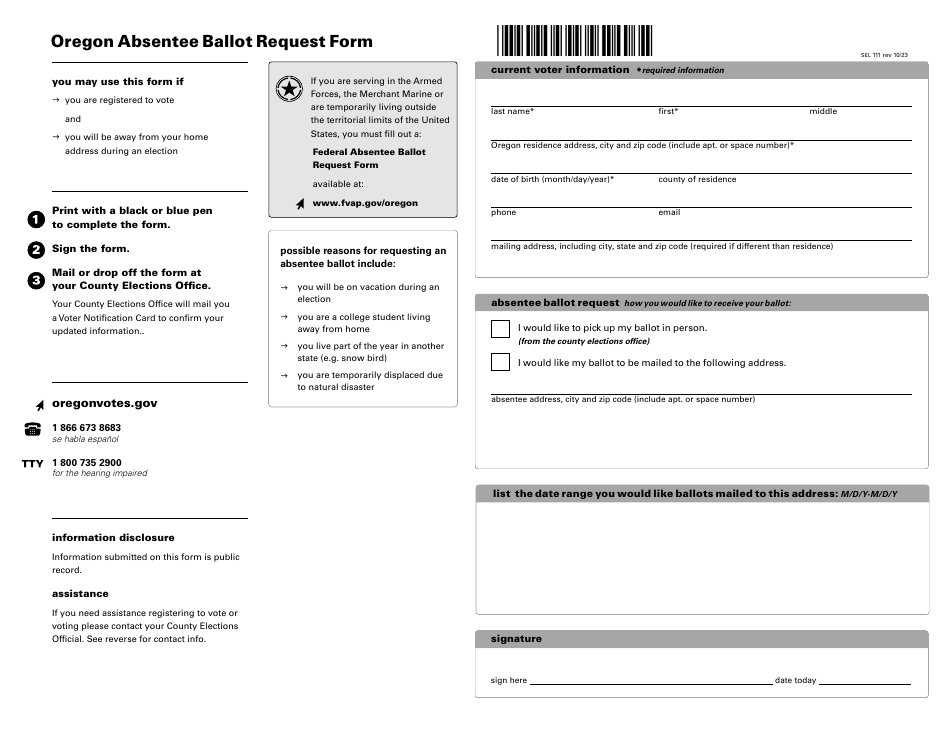 Form SEL111 Oregon Absentee Ballot Request Form - Oregon, Page 1