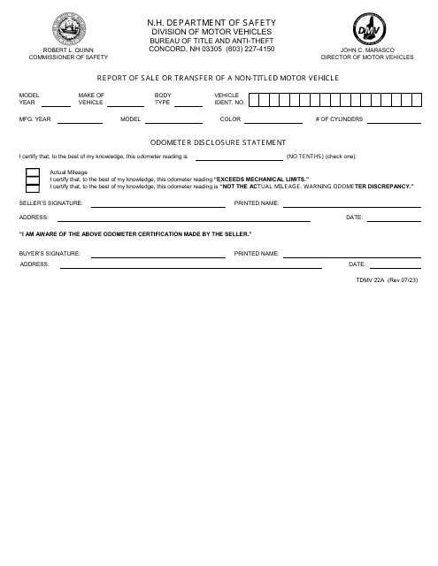 Form TDMV22A  Printable Pdf