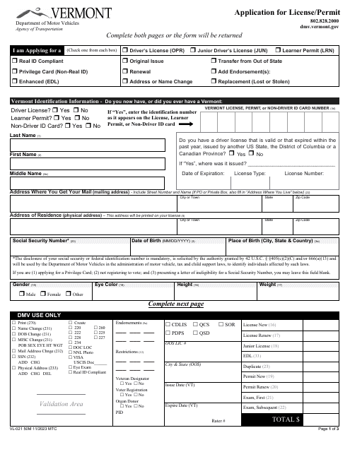 Form VL-021 Application for License/Permit - Vermont