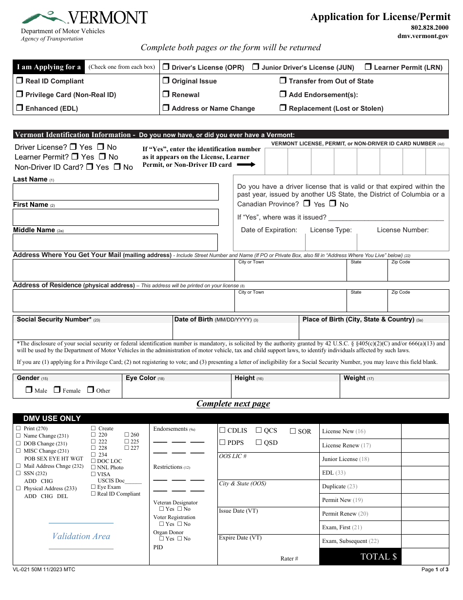 Form VL-021 Application for License / Permit - Vermont, Page 1