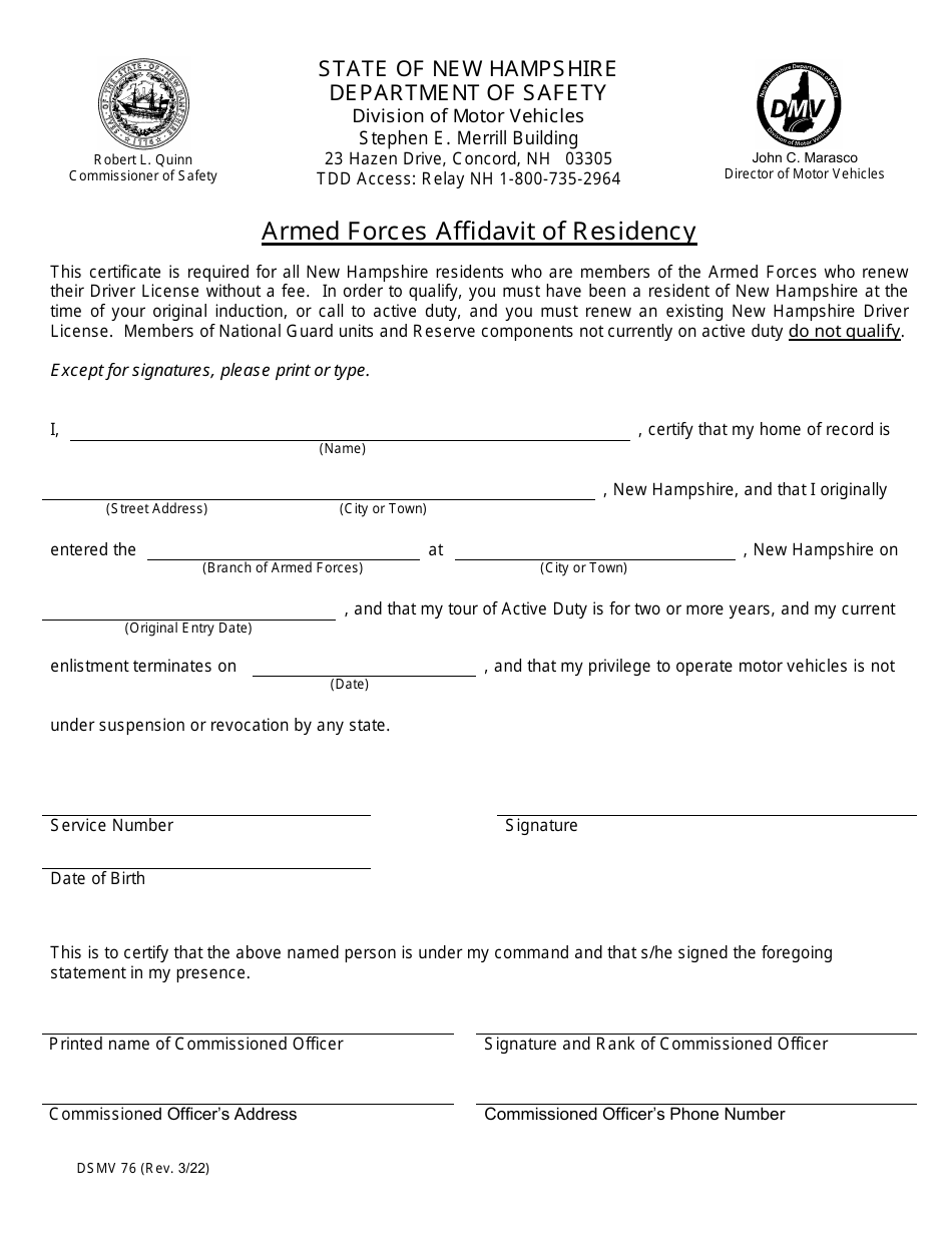 Form DSMV76 Armed Forces Affidavit of Residency - New Hampshire, Page 1