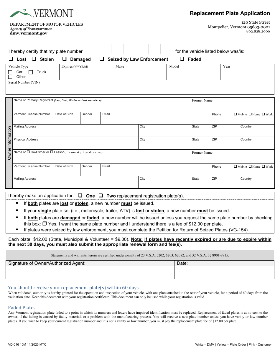 Form VD-016 - Fill Out, Sign Online and Download Fillable PDF, Vermont ...