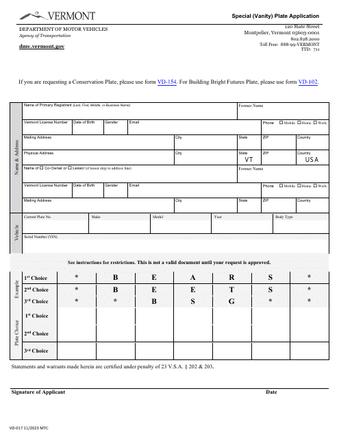 Form VD-017  Printable Pdf