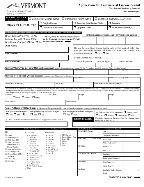 Form VL-031  Printable Pdf